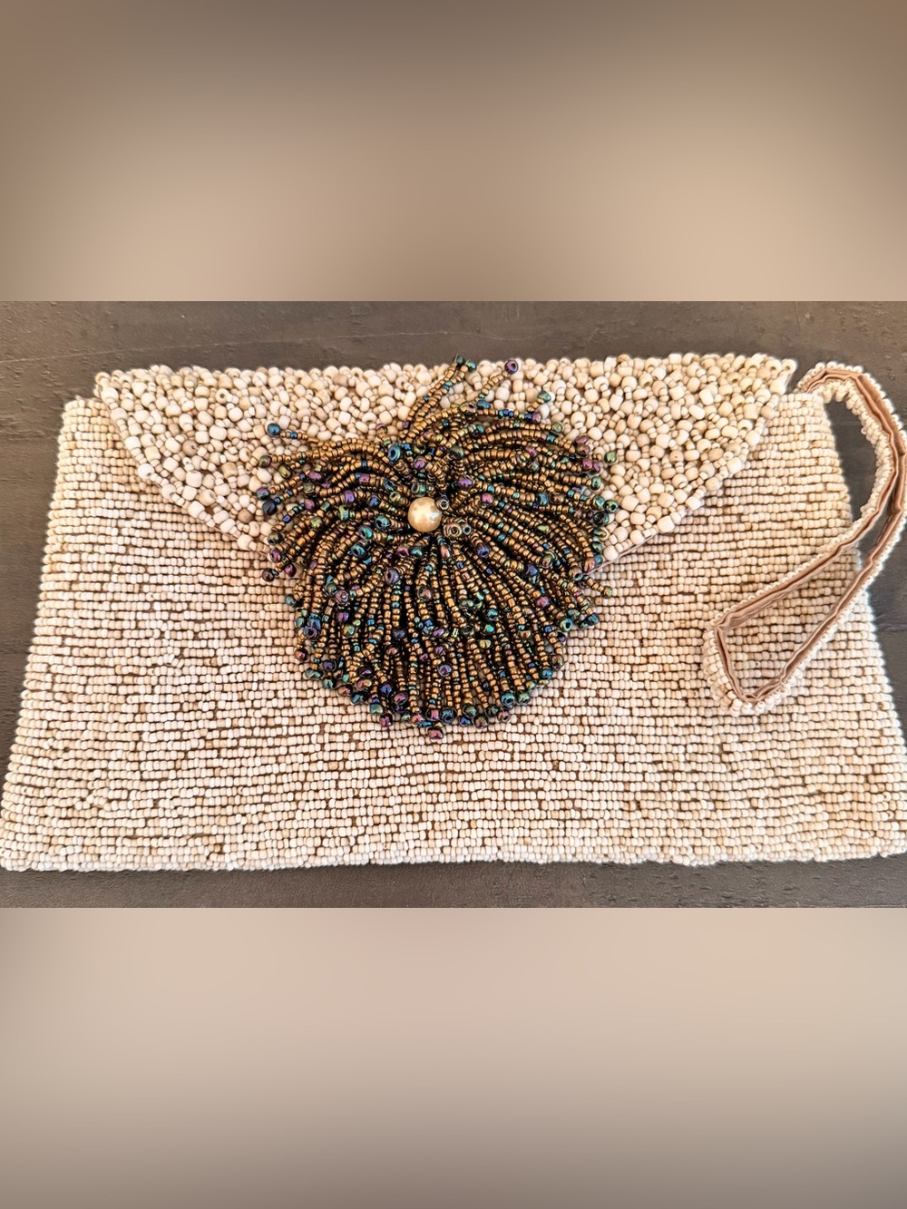 Vintage Cream Beaded Clutch with Iridescent Bronze Flower & Pearl